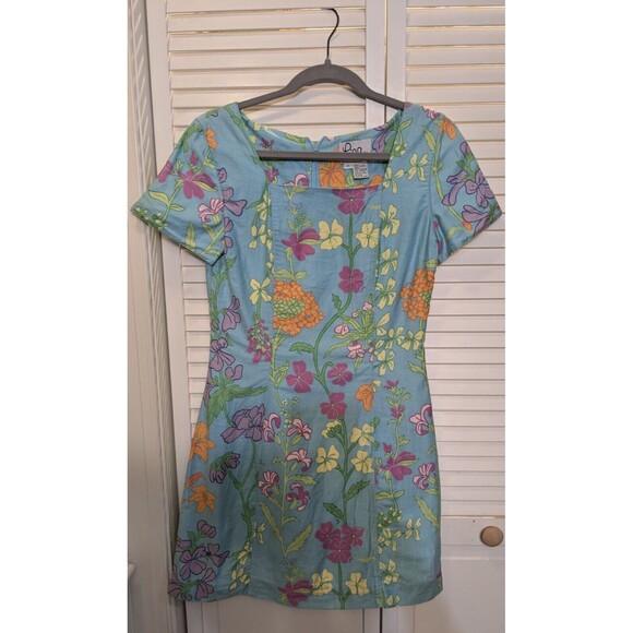 Vintage Lilly Pulitzer Turquoise Signature Floral Short Sleeve Dress 2 - Picture 1 of 7